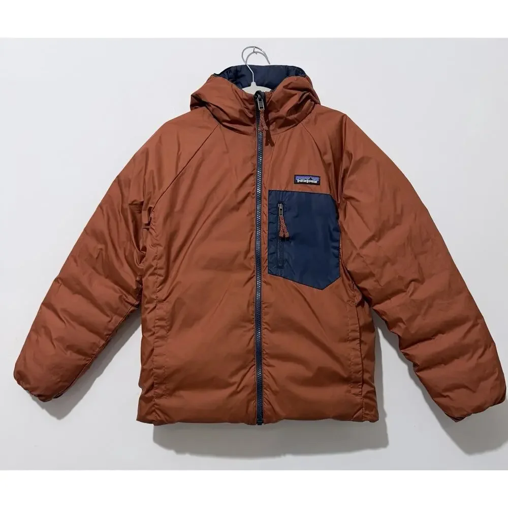 Patagonia Reversible Down Sweater Hoodie Boys Jacket M 10 Navy Brown Pockets
